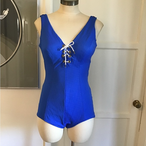 Vintage 60s Bond Girl Blue Lace-Up Swimsuit - Picture 1 of 5
